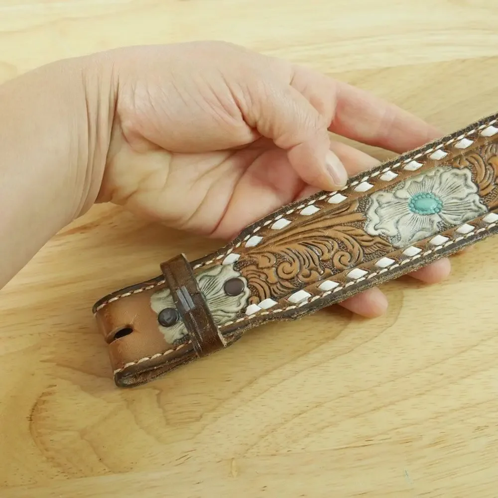 Vintage Tony Lama Western Belt‎ Tooled Leather CRITT Painted Cowboy Size 30 USA